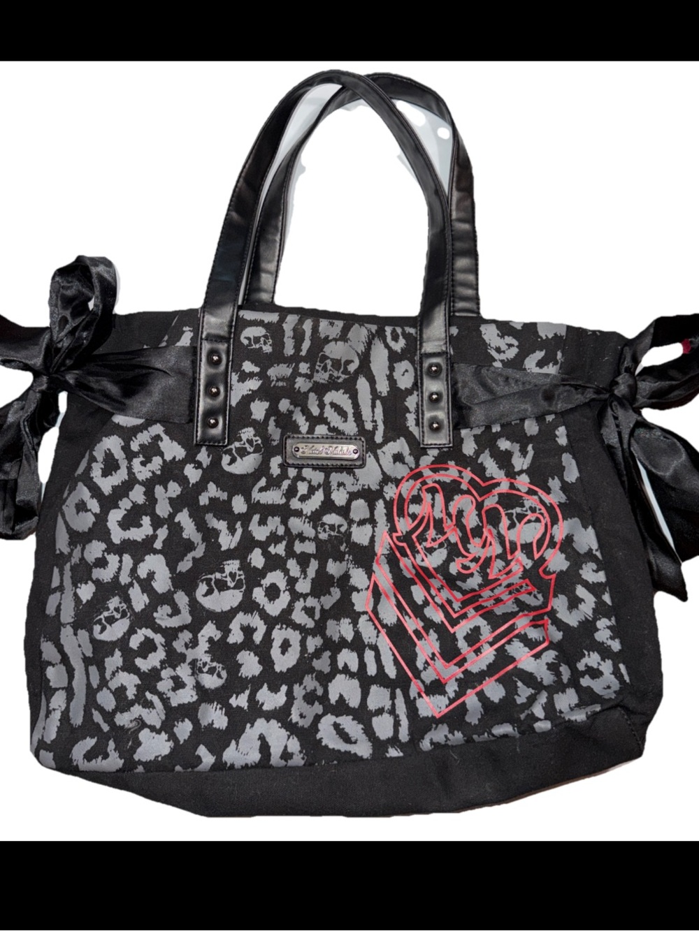 Metal mulisha Black Skull Animal Print PURSE Satin TIE Ribbon sides Pink Hearts